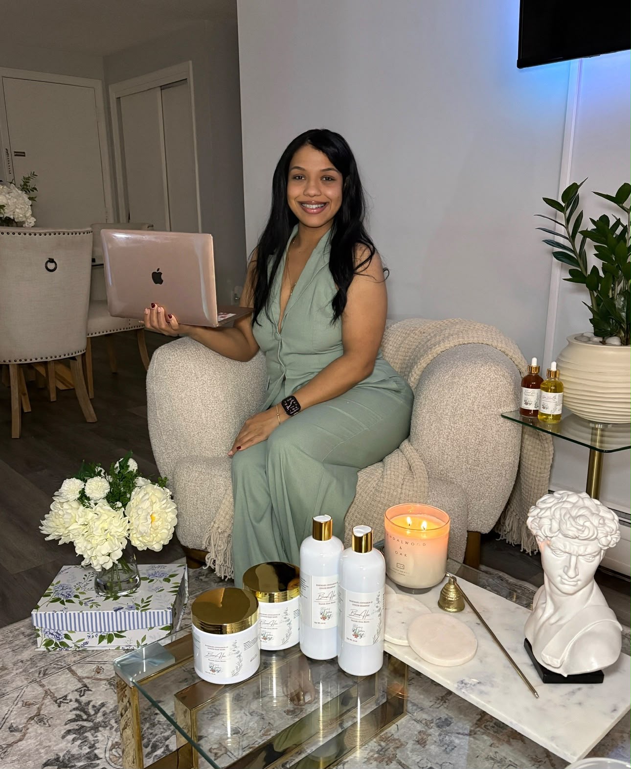 Maria Adames in a styled home and beauty setting